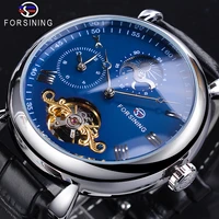 forsining dual time zone new tourbillon design moon phase blue dial automatic watch waterproof leather band mechanical clock