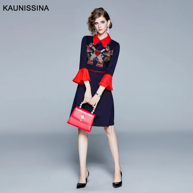 KAUNISSINA Cocktail Dress Embroidery Graduation Party Gown Turn Down Collar Flare Sleeve Retro European Luxury Dresses | Свадьбы и