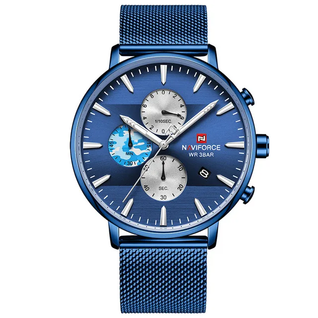 NAVIFORCE мужские модные кварцевые часы люксовый бренд хронограф из нержавеющей стали наручные часы мужские водонепроницаемые аналоговые Мужские часы - Цвет: blue-putong