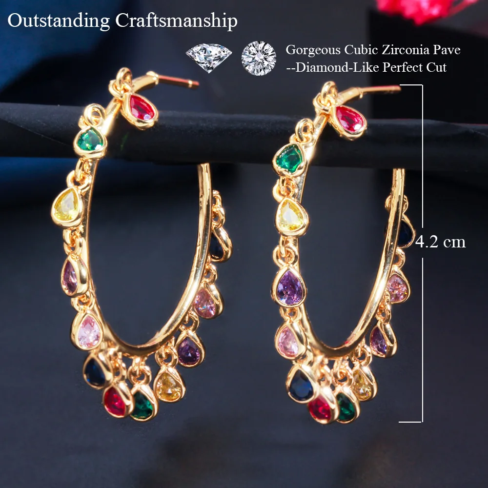 

Pera Gorgeous Tassel Water Drop Shiny CZ Crystal Big Round Circle Gold Color Hoop Earrings for Ladies Costume Party Jewelry E669