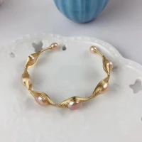 women fashion gold color handmade natural pearl open bangles kids birthday gift bijoux femme light luxury wire bracelet sz11282