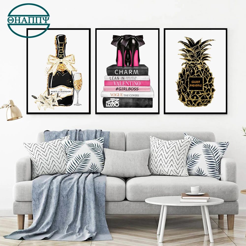 Парфюмерная книга на высоком каблуке золотой ананас настенная живопись холсте