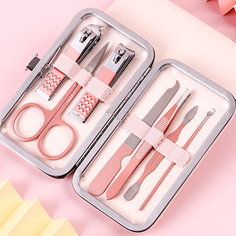 

7pcs Stainless Steel Nail Clippers Set Scissores Tweezer Ear Pick Multi-Function Daily Hand Foot Care Tools Set Pink