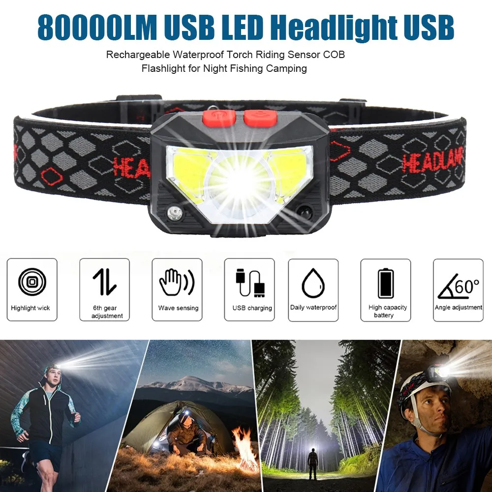 

80000LM USB LED Headlight US EU USB Rechargeable Waterproof Torch Riding Sensor COB Flashlight For Night Fishing Camping
