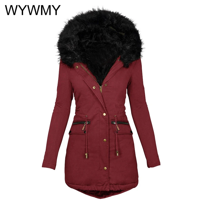 WYWMY Women Winter Jacket Wool Liner Parkas Thick Warm Mid-Long Jackets Hooded Parka Fur Inside Cotton Coat Female Plus size 5XL