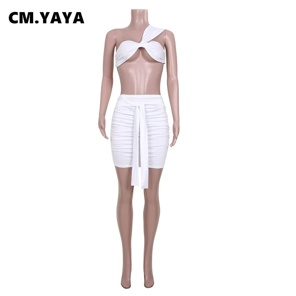 Женский комплект из 2 предметов CM.YAYA однотонный короткий топ на одно плечо