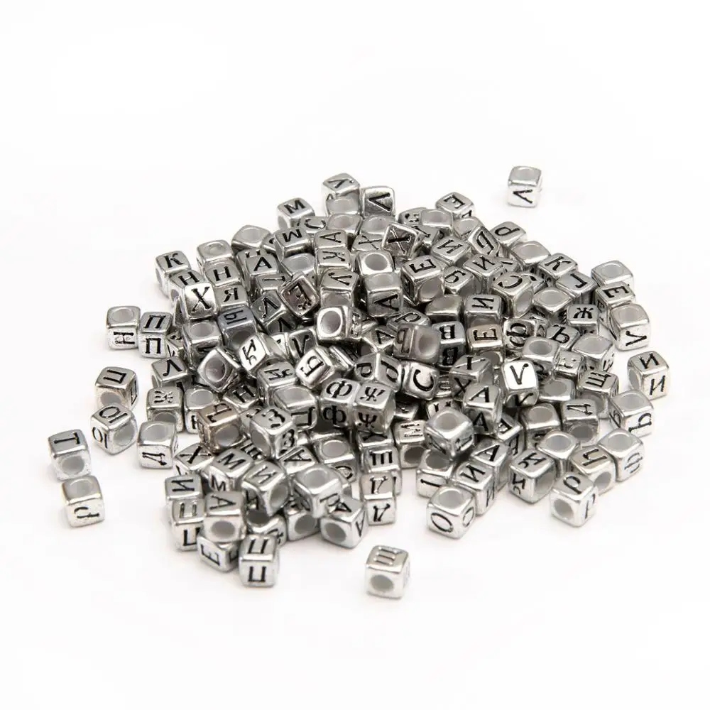 

Wholesale 3000pcs 6*6MM Cube Square Silver Color Acrylic Russian Letters Beads DIY Bracelet Big Hole Alphabet Beads