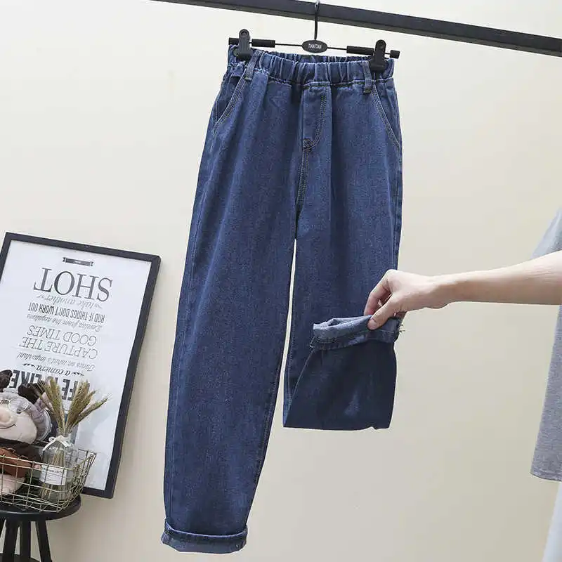 

5XL Large Size Jeans Women Fashion 21 Spring Autumn New High Waist Solid Color Straight Nine Points Harlan Pants Female Clothing