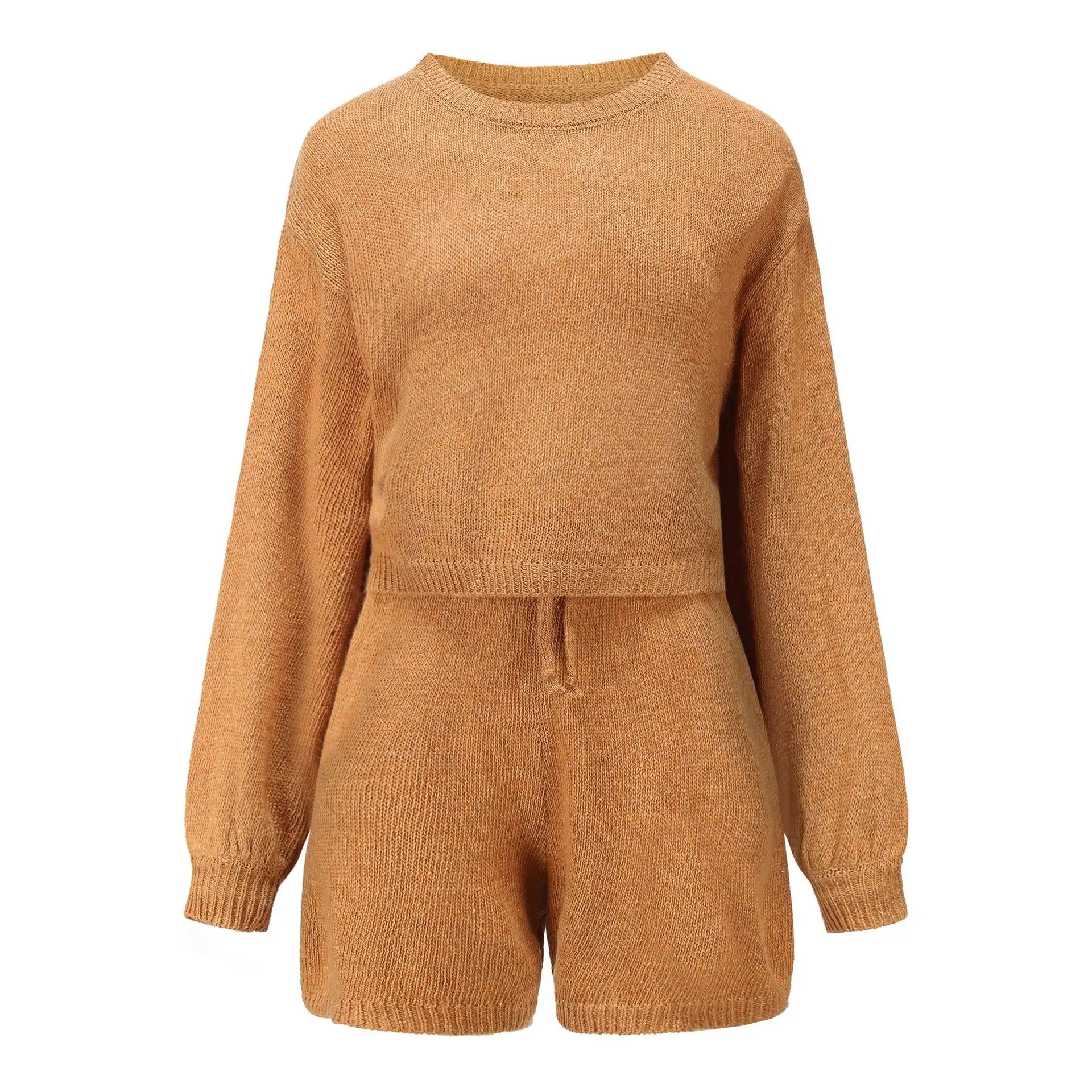 

Autumn Casual Loose Solid Two Piece Set Women Knitted Tops Shorts Outfit 2020 Women Long Sleeve Sweater Set Loose Tops Pullovers