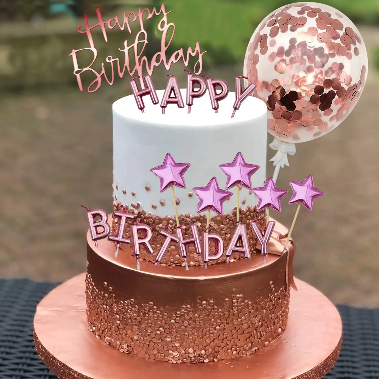 

Rose Gold Cake Topper Decoration with Happy Birthday Candles Happy Birthday Banner Confetti Balloon Stars For Rose Gold Theme Pa