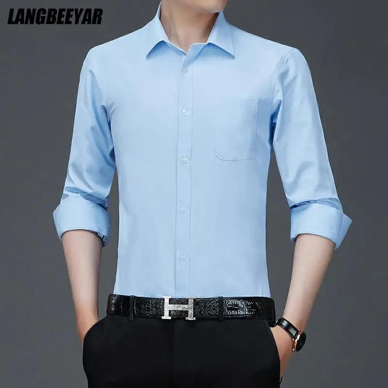 

Top Quality New Fashion Brand Slim Fit Classic Plain Blue Mens Dress Shirt Long Sleeve Solid Color Casual Mens Clothing 2021