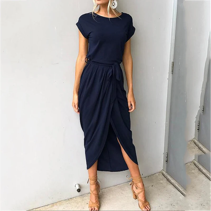 Платье в пол CLD719 женское однотонное с коротким рукавом | Женская одежда