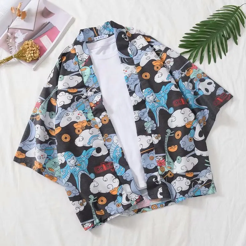 

Japanese Retro Cardigan Men's Summer Personalized Print Kimono Students' Half-sleeve Shirt National Style Three Quarter Coat 3XL