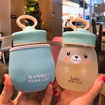 Frosted blue Kawaii стеклянная бутылка для воды, портативная чашка с милым медведем, чайное ситечко, герметичная Питьевая Бутылка для девочек, студентов, детей - Цвет: Frosted blue