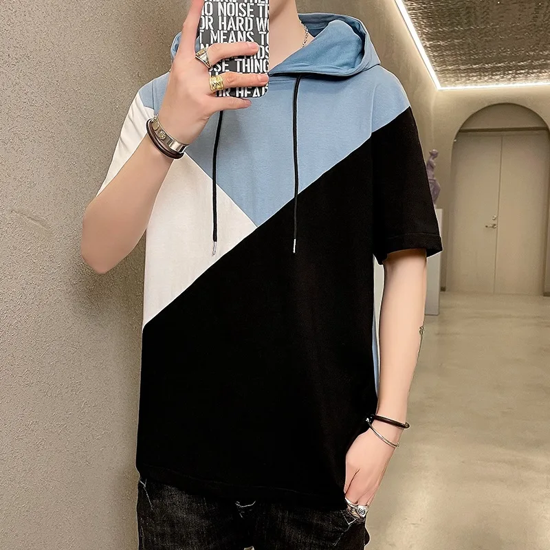 

Men's T-Shirts popular Hoodie Cotton Clothes BF wind Splicing Short Sleeve Round Neck fashion personality Loose Original design