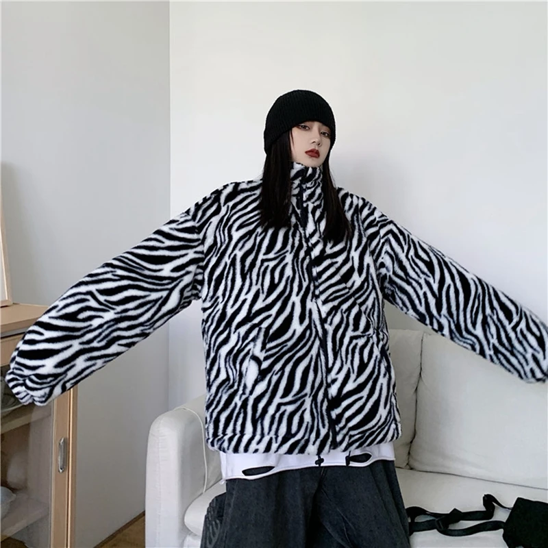 

New Winter Coat Female Korean Version Ins Wild Zebra Pattern Stand-Up Collar Loose Plush Cotton Coat Cotton Clothing Tide