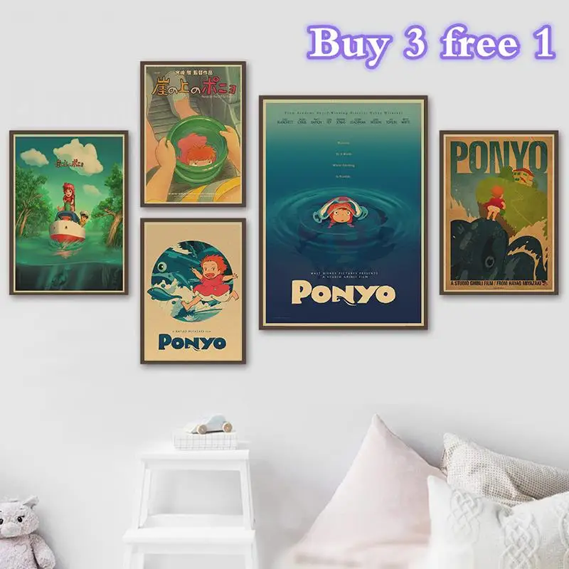 Ponyo на скале крафт бумага классический мультфильм фильм постер домашний