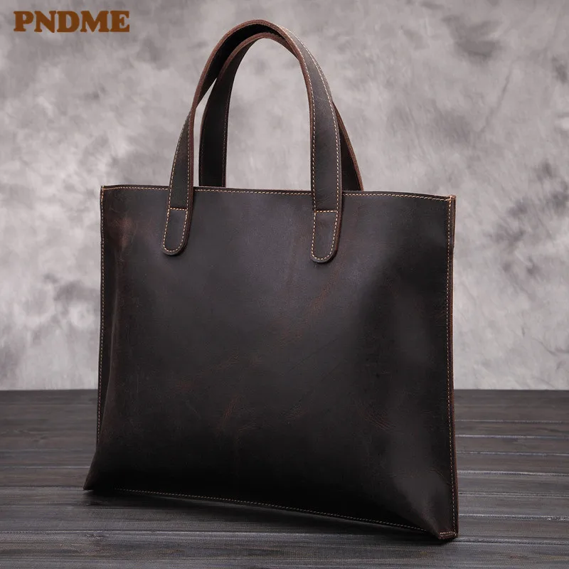 PNDME simple retro genuine leather men's briefcase tote bag large capacity high quality luxury crazy horse cowhide laptop bag