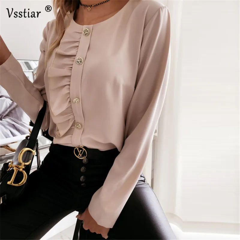 

Ruffles Blouse Women Casual Autumn Winter Ladies Office Shirts Plus Size White Black Sexy Long Sleeve O Neck Solid Woman Blouses