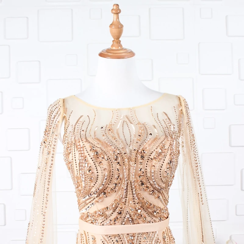 YY013 Churlya Wurfel dubai mermaid gown detachable sleeve shawl o-neck zipper back gold dress long mermaid bead robe de soiree