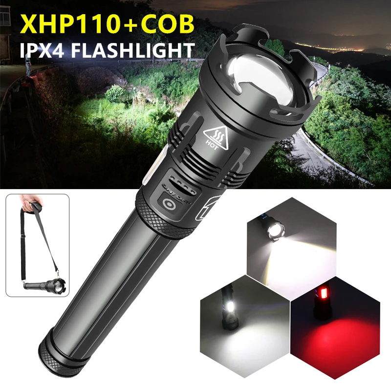

XHP110+COB Multi-Function Glare Flashlight Waterproof IPX4 Zoomable USB Flashlight Torch Tactical Light Portable Fishing Light