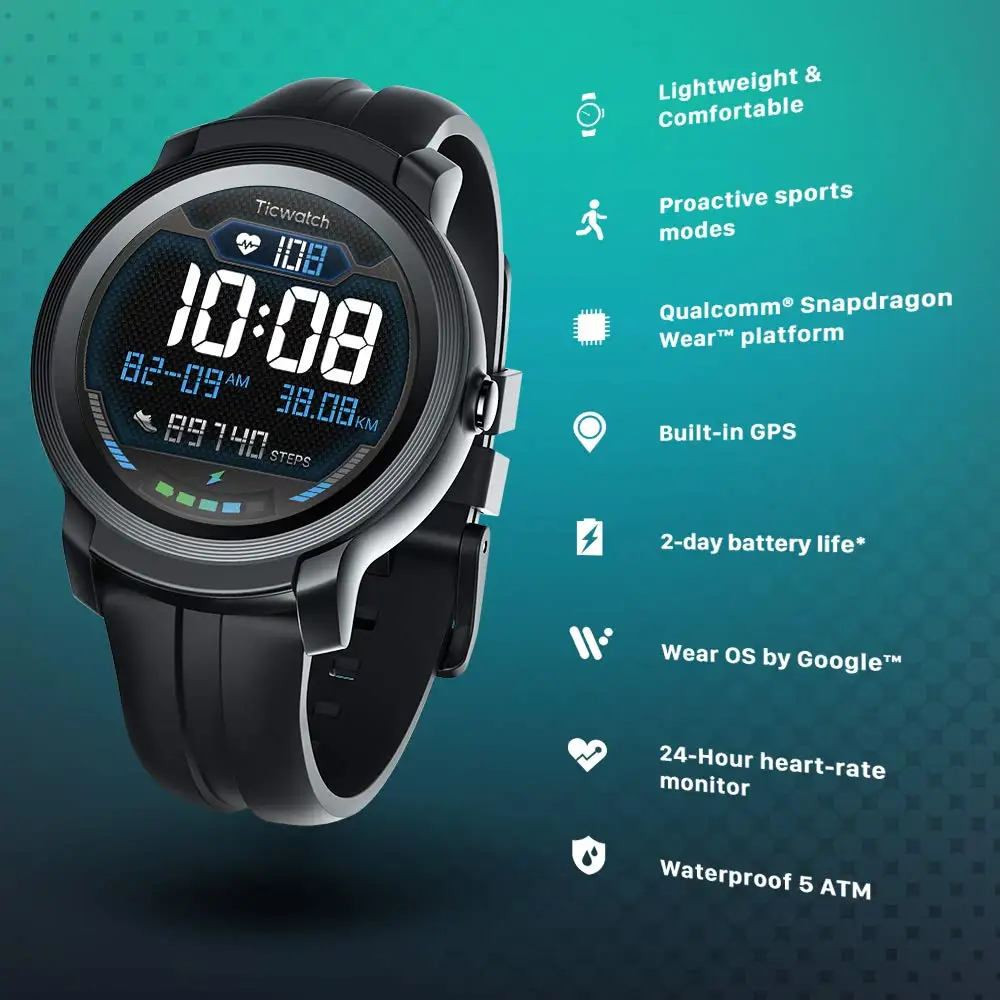 TicWatch E2 (Восстановленный) Wear OS от Google Смарт-часы GPS iOS и Android 5ATM Водонепроницаемая