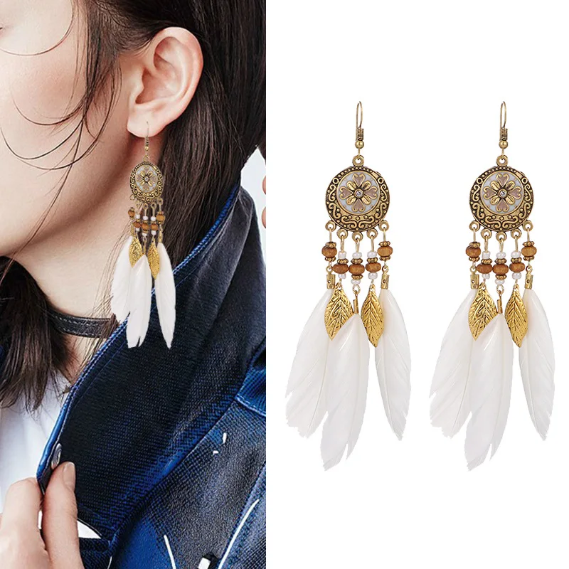 

2020 New Bohemian Dream catcher drop feather red color earrings long hand-woven retro fantasy exaggerated Tassel earrings