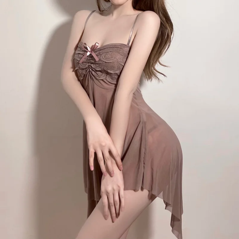 

Harajpee Sexy Nightgowns Fashion Women Summer Lace Patchwork Sleeveless Sleepwear Bow Chest Wrapping Camis Elegant Home Wear