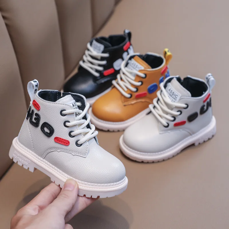 

Children's Shoes Autumn New Children's Leather Boots Girls Lace-up Martin Boots Boys Short Boots Rubber Cotton Spring & Autumn