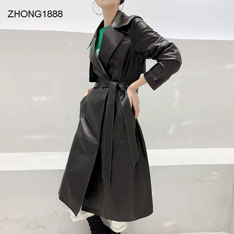 

Haining concubine осенняя одежда, ветровка из овечьей кожи, пальто средней длины из натуральной кожи, женское приталенное модное пальто с поясом