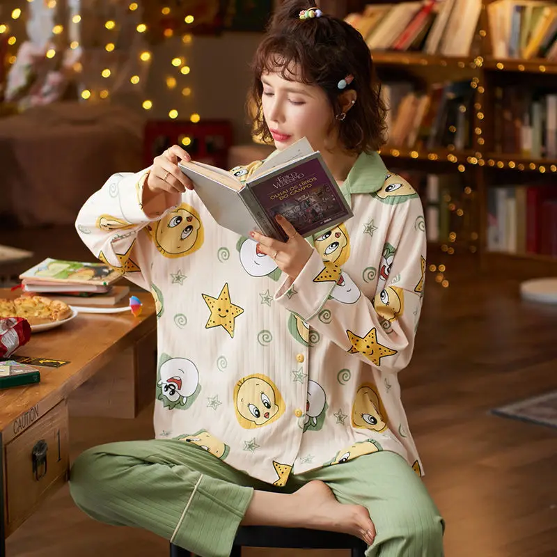 Pajamas Women Spring and Autumn Cotton Long-sleeved Lapel Suit Sweet and Cute Cartoon CasualInsWindCanWearOutsideTheHomeClothing