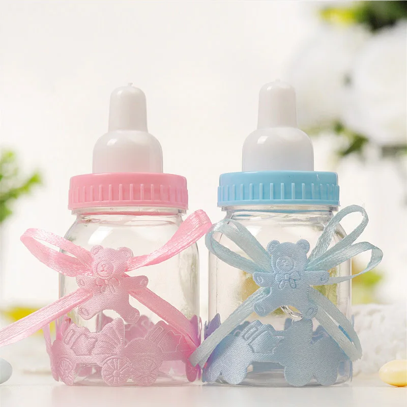 Botellas rellenables para niños y bebés, decoración de recuerdo, botella de leche de plástico, recuerdo de ducha, caja de dulces con lazo, 12 Uds.