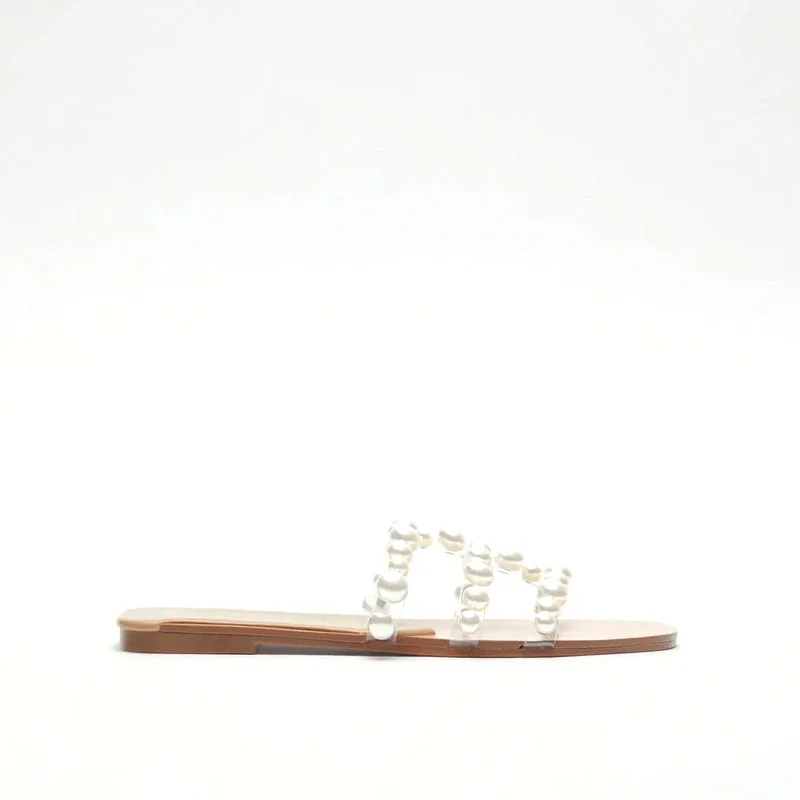 

Shoes String Bead Big Size Square Toe Woman's Slippers Slides 2021 Flat Summer PVC Rubber Fabric Female Shoes String Bead Ladies