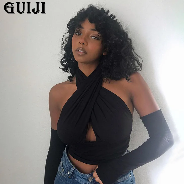 

【GUIJI】Ready Stock 2021 Sexy Cross Halter Backless Crop Tops Women Street Fashion Black Blue Woman Tshirts with Gloves Spring