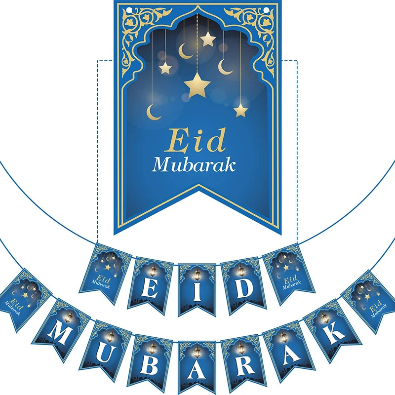 

Blue Eid Mubarak Banner Eid Mubarak Decoration Home Wall Decorative Bunting Decor Ramadan Decorations Muslim Islam Festival Gift