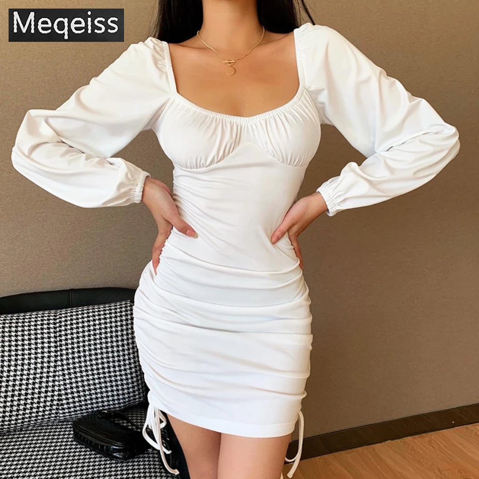 

Meqeiss 2020 New Ribbed Side Drawstring Ruched Sexy Mini Dress Lantern Sleeve 2020 Autumn Backless Dresses Bodycon Women Clothes