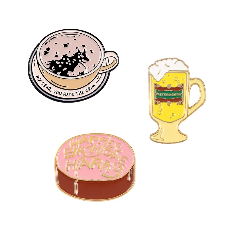 Butterbeer эмалированная булавка на заказ на день рождения торт кофейные Броши рубашка нагрудная сумка Волшебный мир значок книга фильм ювелирные изделия подарок для фанатов - Окраска металла: 3pcs