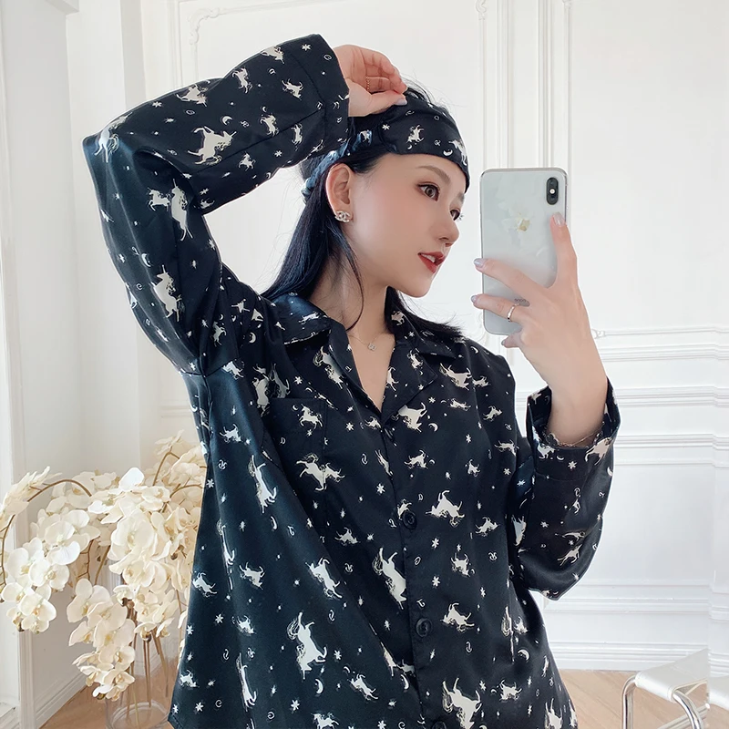 

Ice Silk Pajamas Women Spring And Autumn Long-sleeved Sleepweae Sweet Fashion Unicorn Print Nightsuit Loose Cardigan Homewear