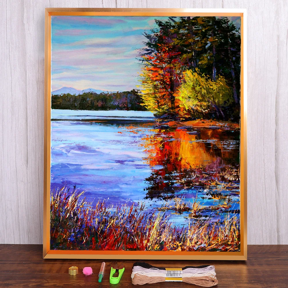 

Landscape Autumn Over The River Printed 11CT Cross Stitch Embroidery Kit DMC Threads Handmade Handiwork Knitting Wholesale