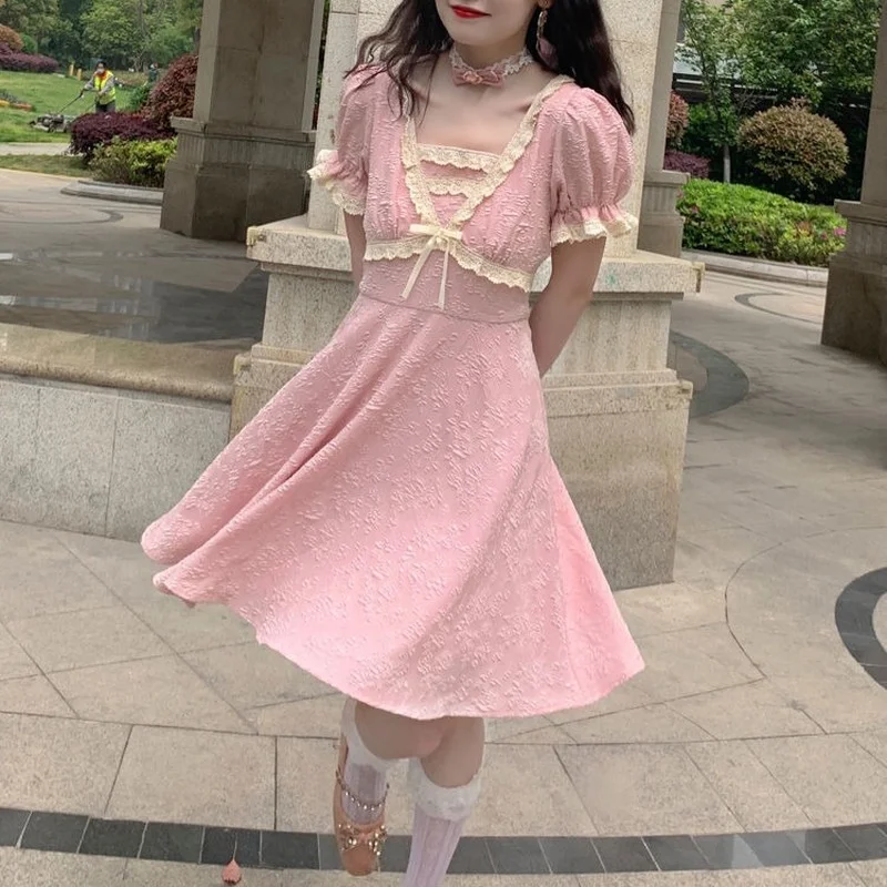 

Summer Sweet Pink Dress Women Elegant Lace-up Design Fairy Kawaii Dress Korean Style High Waist Chiffon Floral Print Dress 2021