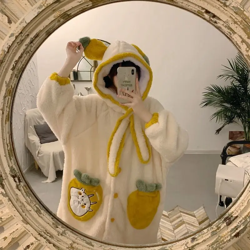 Winter Thickened Plush Velvet Pajamas Set Female 2021 New Coral Velvet Sweet Long Section Robe Bathrobe Home Wear Pajamas