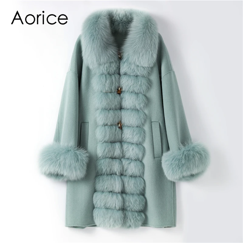 Aorice TX205605 Женское пальто из 90% натуральной шерсти с меховым воротником из натурального Лисьего меха, зимнее пальто, элегантная женская куртка с роговыми пряжками, пальто