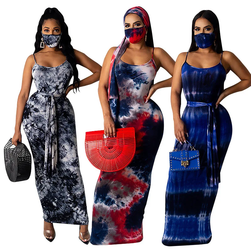 

Zoctuo Women Tie Dye Print Sexy Long Dresses for Women With Mask Sashes Summer Dresses Spaghetti Strap Backless Long Maxi Dress