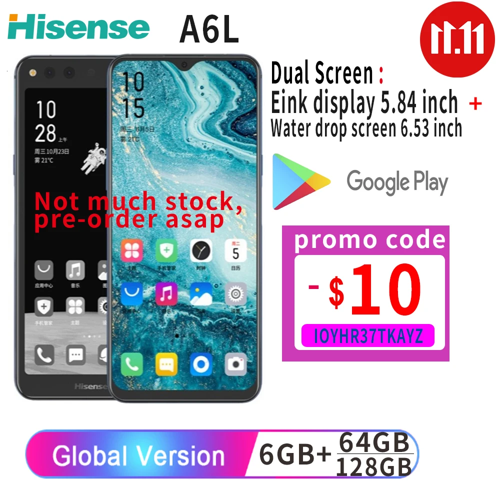 

Google Play Snapdragon 660 Android 9.0 Original Smartphone Hisense A6L 6.63" AMOLED+5.84" Ink Display Smart Phones IMX386 Phone