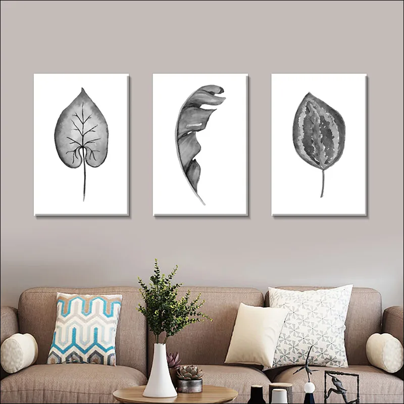 

Black and White Style Simple Ink Painting, Gray Leaf Specimen Canvas Painting, Plant Leaf Poster and Printmaking, Printing Home