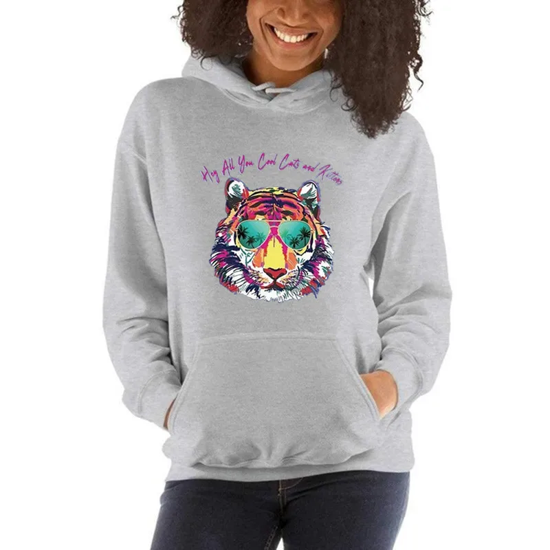 

Tiger Fun Print Long-sleeved Hooded Women Kawaii Clothing Aesthetic Designer Sweatshirt Couple Clothes Streetwear Women