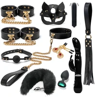 blackwolf bdsm bondage kits genuine leather restraint set handcuffs collar gag rabbit vibrators adult sex toys for women couples