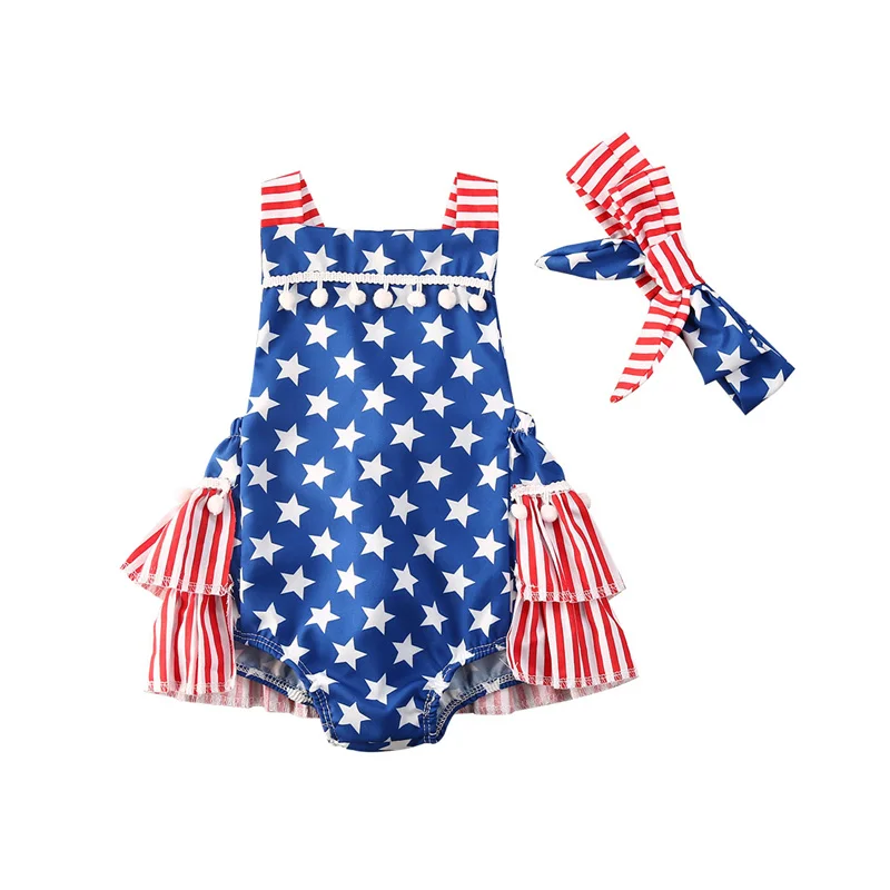 

Baby Girls Two-piece Clothes Set, Blue Red Stripe and Star Printed Pattern Sleeveless Romper + Headdress