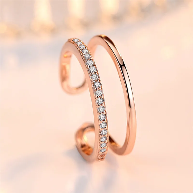 Женское Двухслойное кольцо из розового золота с фианитом | Украшения и