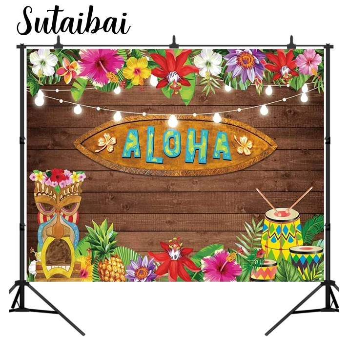 

Summer Aloha Luau Party Backdrop Tropical Hawaiian Rustic Wooden Floor Floral Tiki Photography Background Birthday Baby Shower